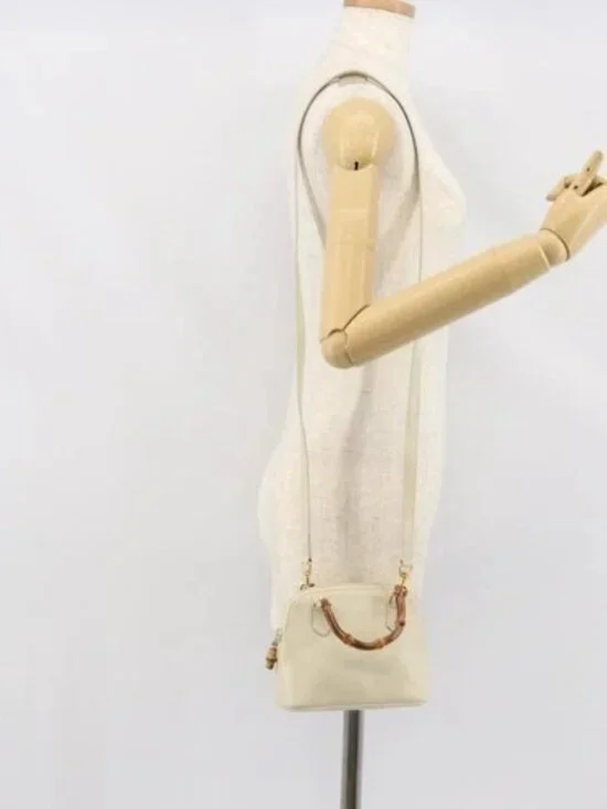 GUCCI Bamboo Hand Bag Leather 2way White Gold - Picture 14 of 16